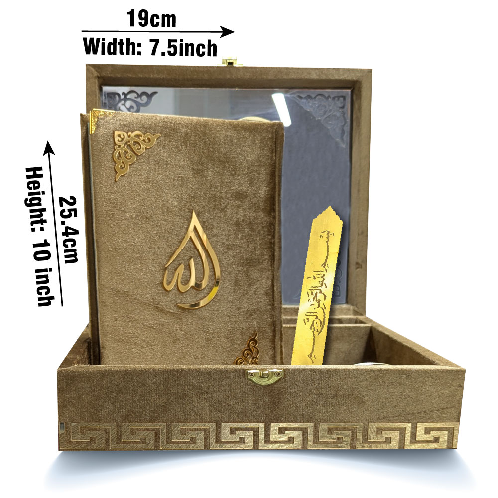 855-4KVJ2-GOLD Tajweedi Gold Velvet Quran with Fancy box and Cap Attar Tasbih Bookmark Counter