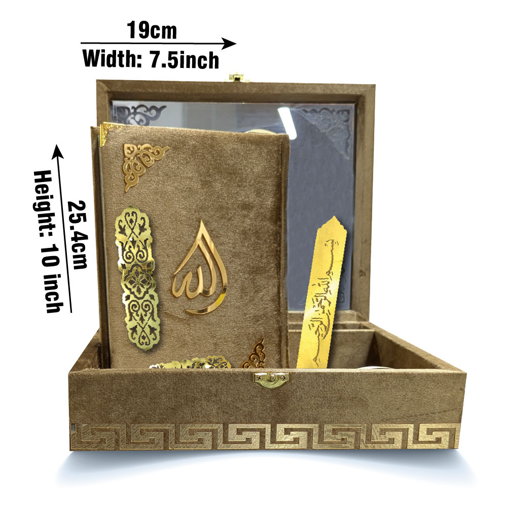 81KVB2-GOLD Holy Quran Translated Golden Velvet Binding WIth Box