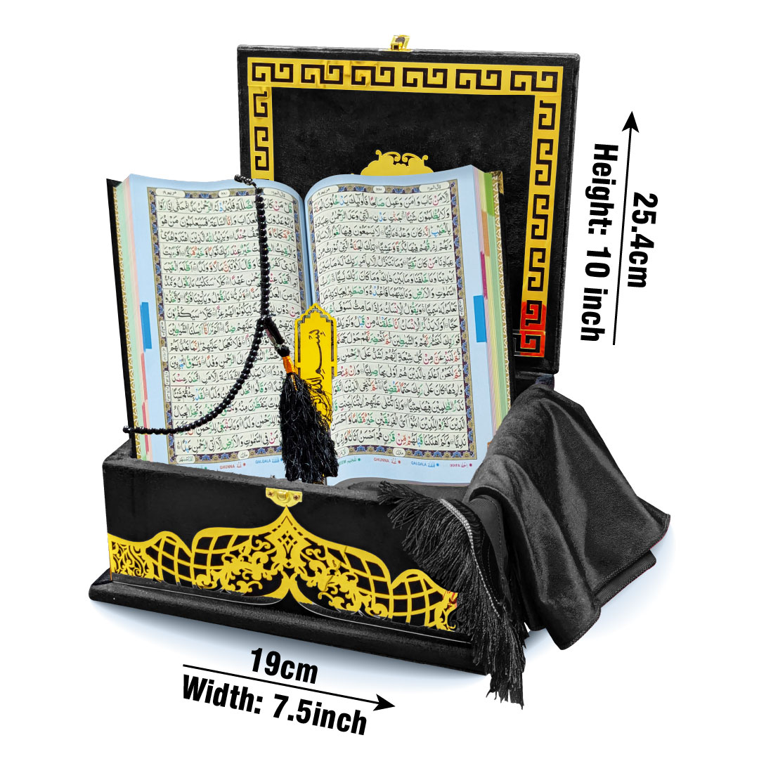 855-4KVJ3-Black Tajweedi Black Velvet Quran with Fancy box and Cap Attar Tasbih Bookmark Counter