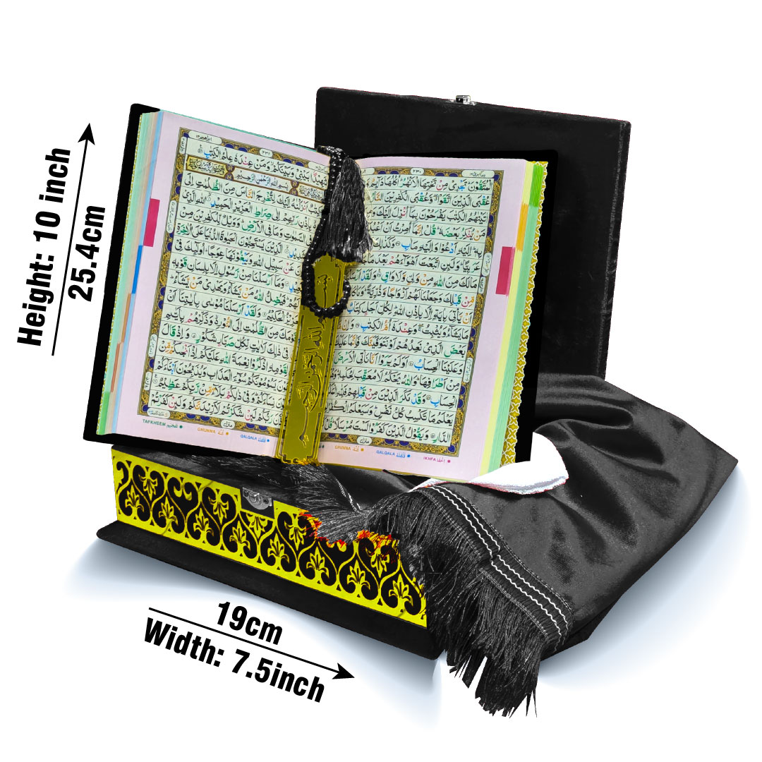 855-4KVJ4-Black Tajweedi Black Velvet Quran with Fancy box and Cap Attar Tasbih Bookmark Counter